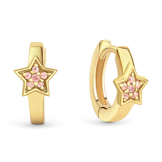 Klappcreolen Stern mit 12 Zirkonia pink Silber 925/000 vergoldet