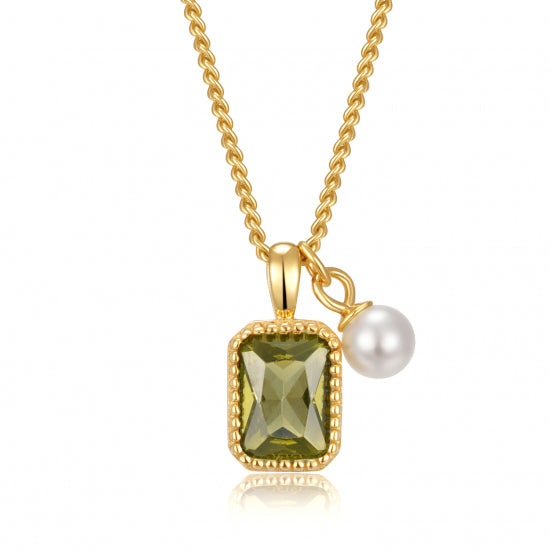 Collier mit Anhänger Zirkonia olivfarben & MK-Perle Silber 925/000 vergoldet