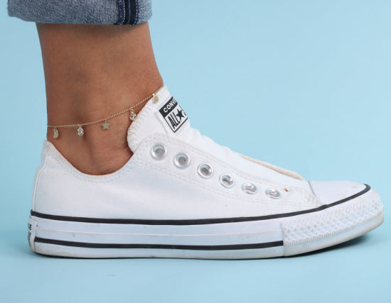 Fußkette Mond/Sterne/3 Zirkonia 22+3cm Silber 925/000 vg.