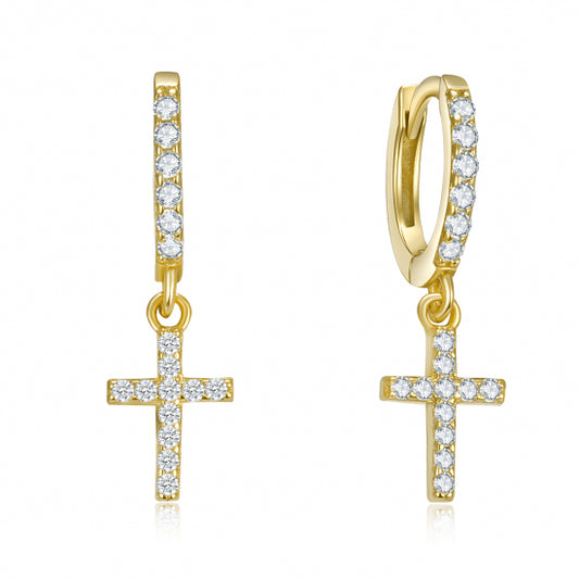 Klappcreolen mit Anhänger Kreuz 30 Zirkonia Silber 925/000 vergoldet