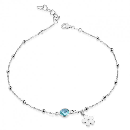 Fußkette mit Quarz in Swiss Blue und Blume Silber 925/000