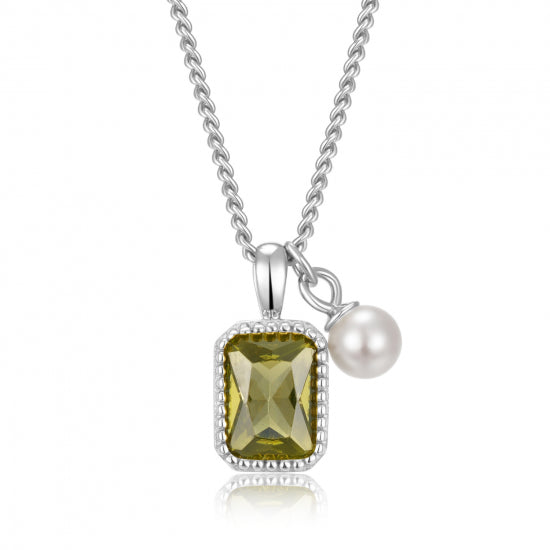 Collier mit Anhänger Zirkonia olivfarben & MK-Perle Silber 925/000