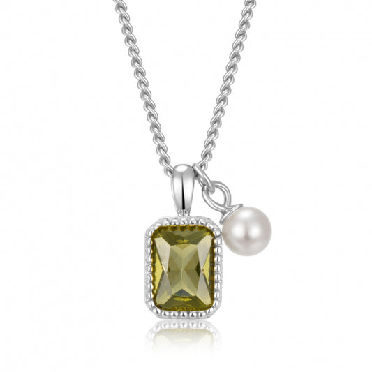 Collier mit Anhänger Zirkonia olivfarben & MK-Perle Silber 925/000
