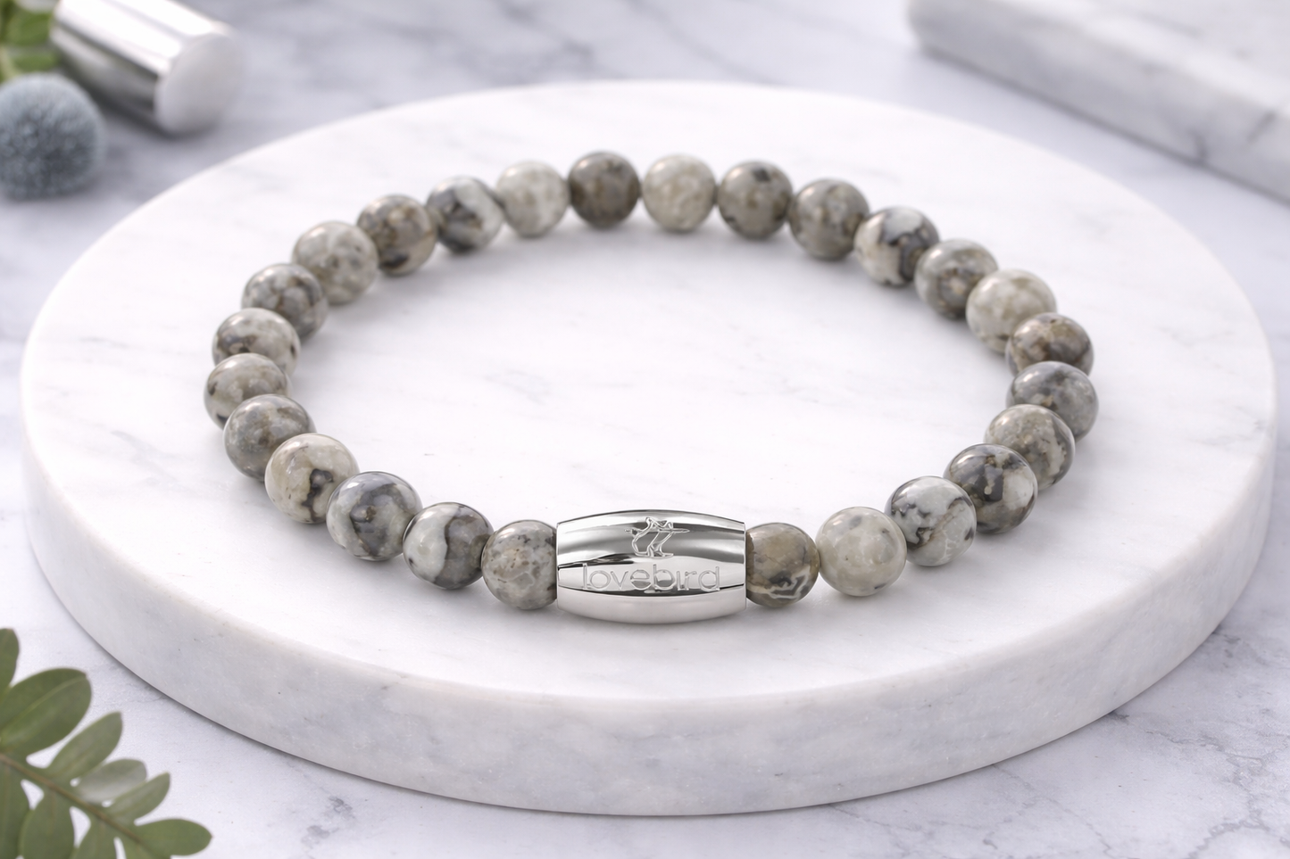 Lovebird Armband Jaspis grau Edelstahl