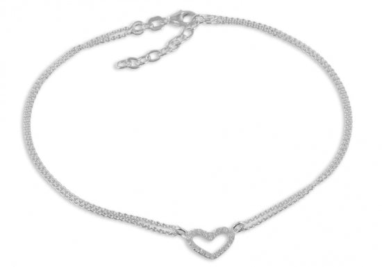 Fußkette Herz mit 20 Zirkonia Echt Silber 925/000