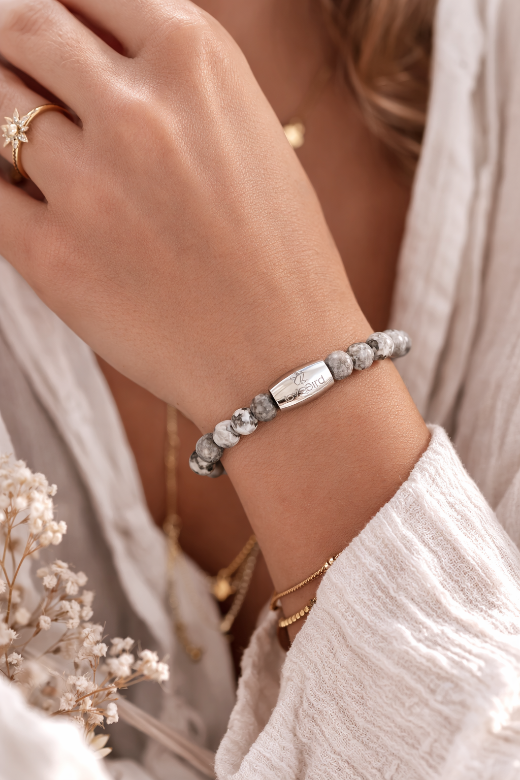 Lovebird Armband Jaspis grau Edelstahl